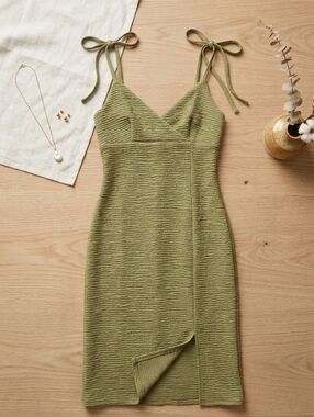 Firerie Green Bodycon Halter Tie Shoulder Strap Split Thigh Midi Cami Dress